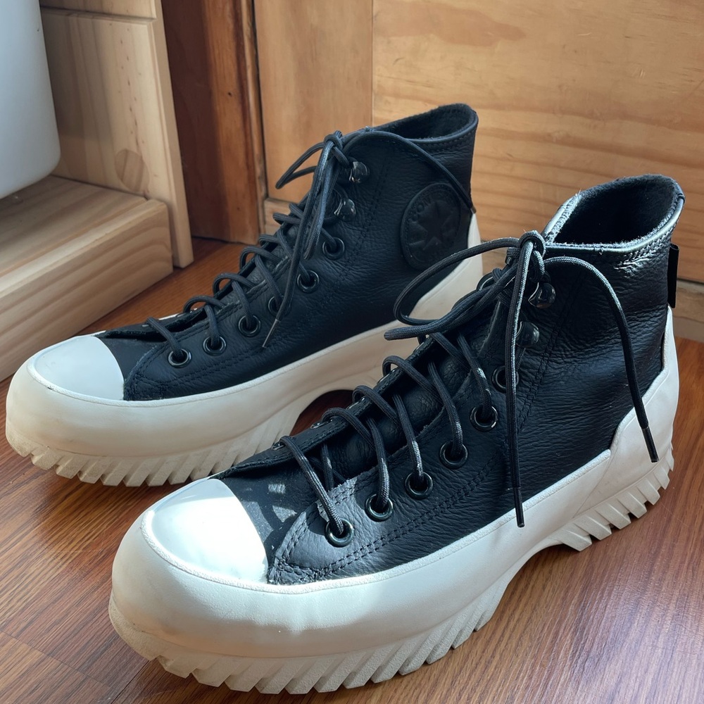 Waterproof converse high tops black leather white sole size 9